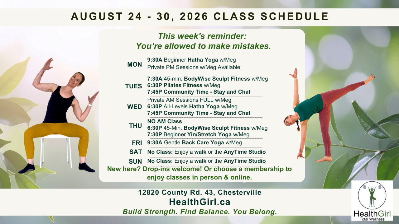 HealthGirl yoga, Pilates and fitness class schedule in Chesterville, North Dundas for August 24–30, 2026.