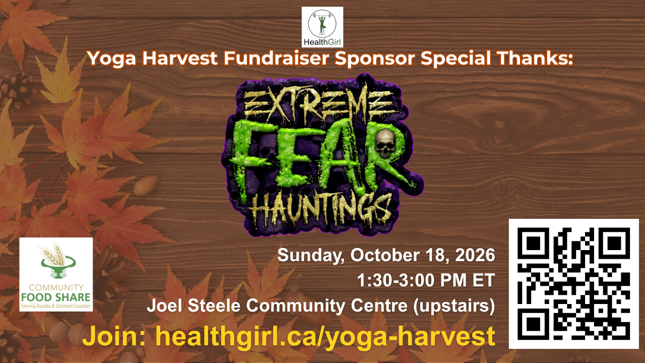 Yoga Harvest 2026 sponsor thank-you graphic featuring Extreme Fear Haunting, supporting Community Food Share in Winchester, Ontario.