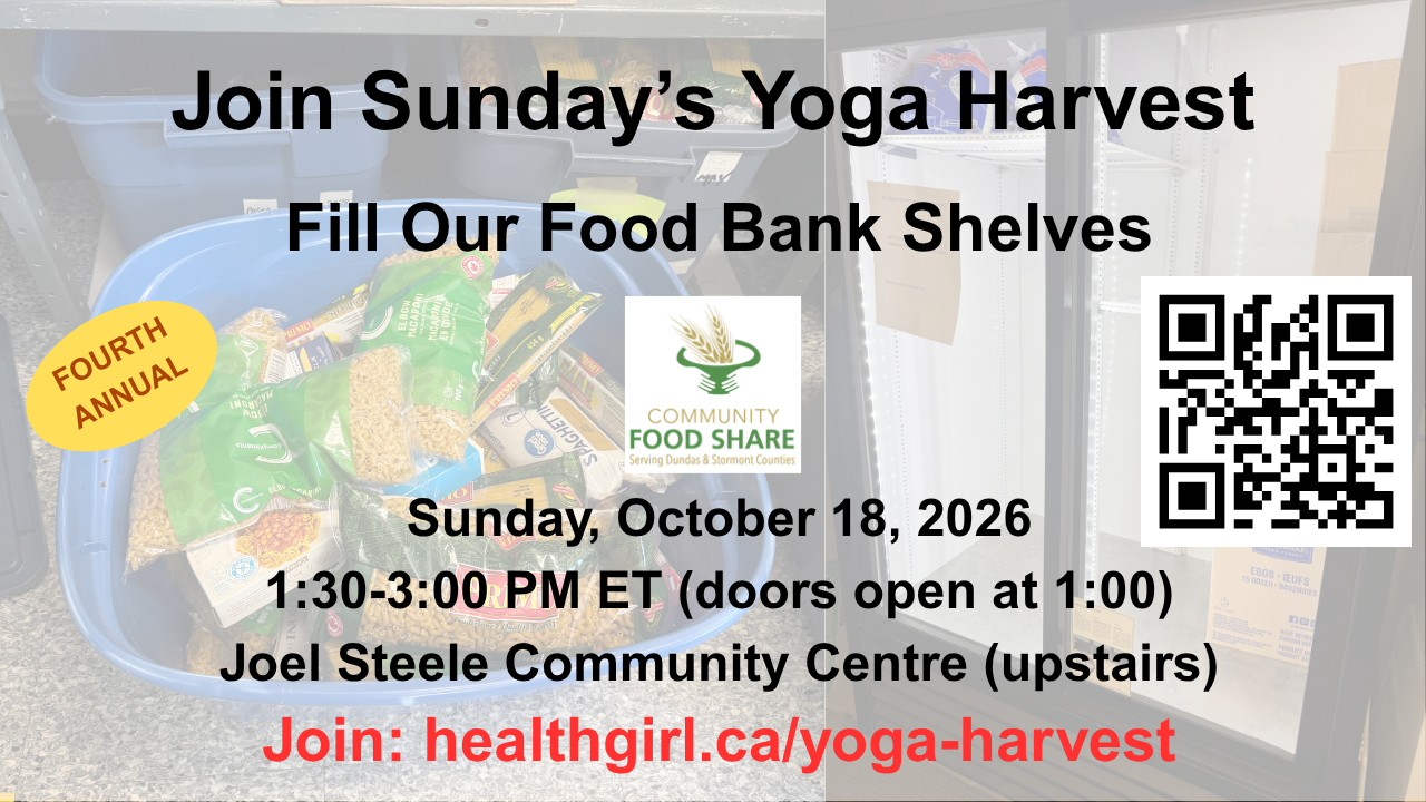 Bins of pasta and other food donations at Community Food Share, with an invitation to the October 18, 2026 Yoga Harvest food bank fundraiser in Winchester, Ontario.