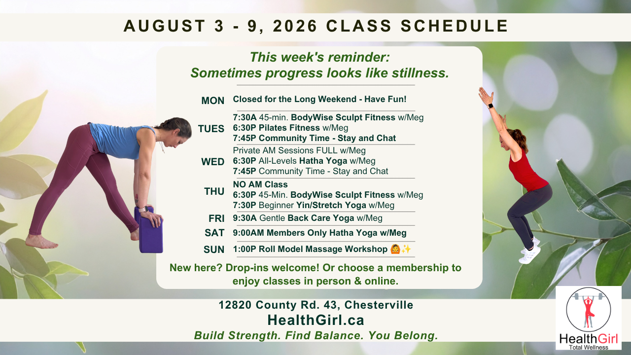 Weekly HealthGirl class schedule for August 3 to 9, 2026 featuring yoga, Pilates, fitness, and wellness classes in Chesterville, Ontario.