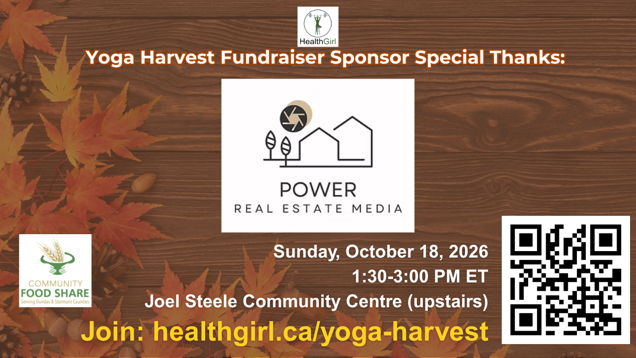 Yoga Harvest 2026 Harvest Partner sponsor graphic featuring Power Real Estate Media, supporting Community Food Share in Winchester, Ontario.