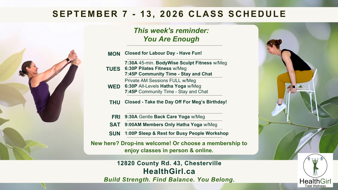 HealthGirl yoga, Pilates and fitness class schedule in Chesterville, North Dundas for August 31 - september 6, 2026, featuring Meg demonstrating chair strength training and Boat Pose