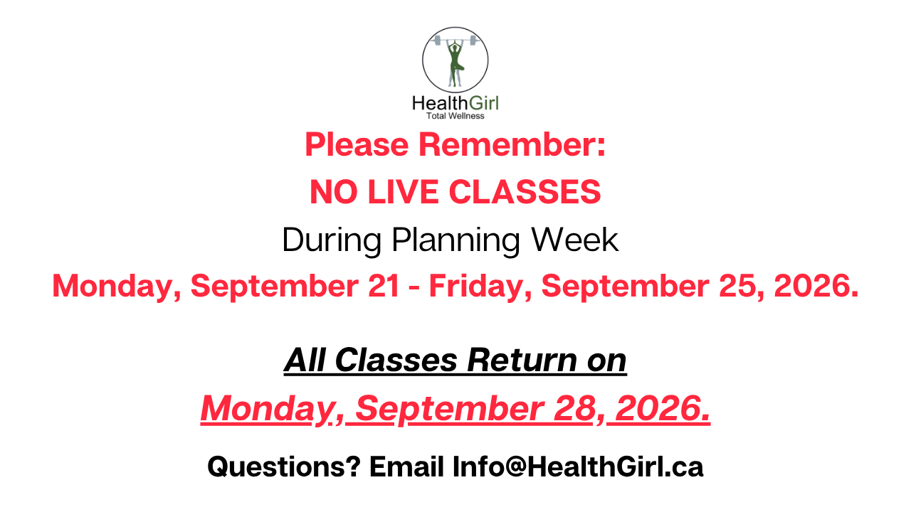 HealthGirl Planning Week notice for September 21–25, 2026, with regular yoga, Pilates and fitness classes returning September 28.