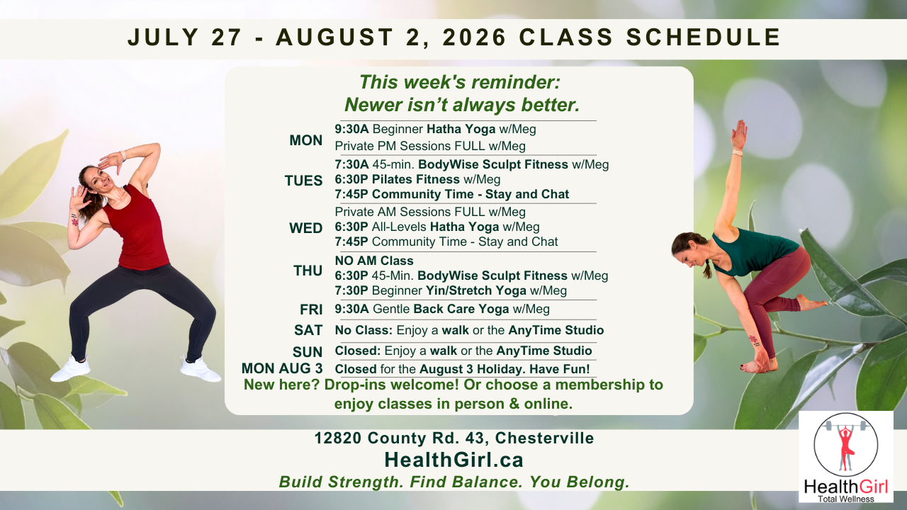 Weekly HealthGirl class schedule for July 27 - August 2, 2026 featuring yoga, Pilates, fitness, and wellness classes in Chesterville, Ontario.