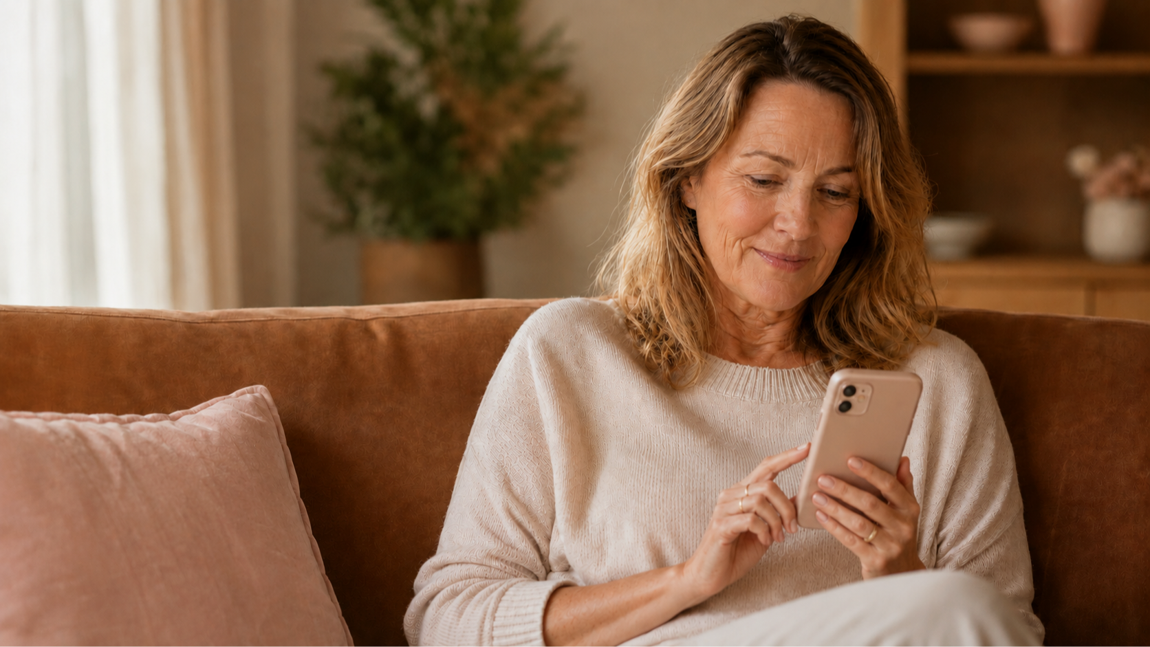 Woman using her phone in a warm, relaxed setting