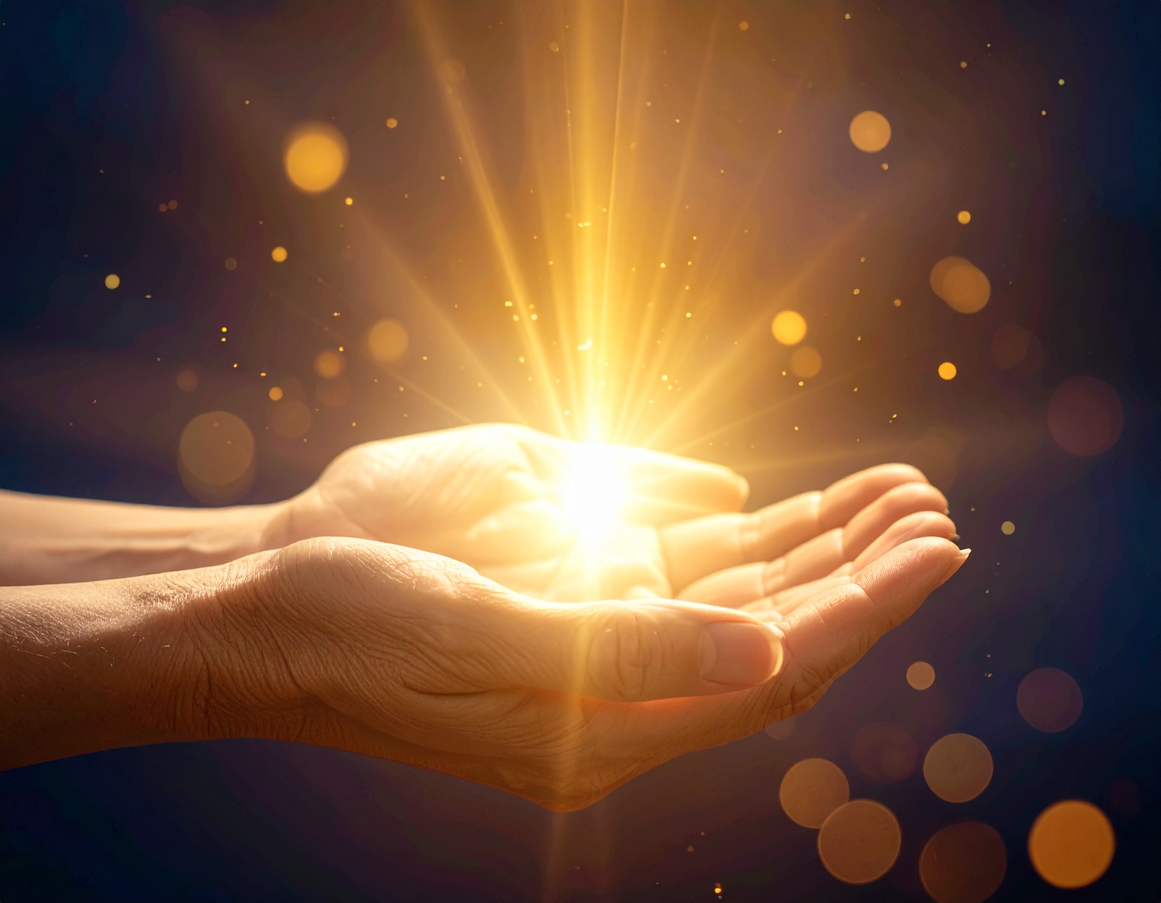 Two open hands cupping a warm glowing light, symbolizing sacred gifts