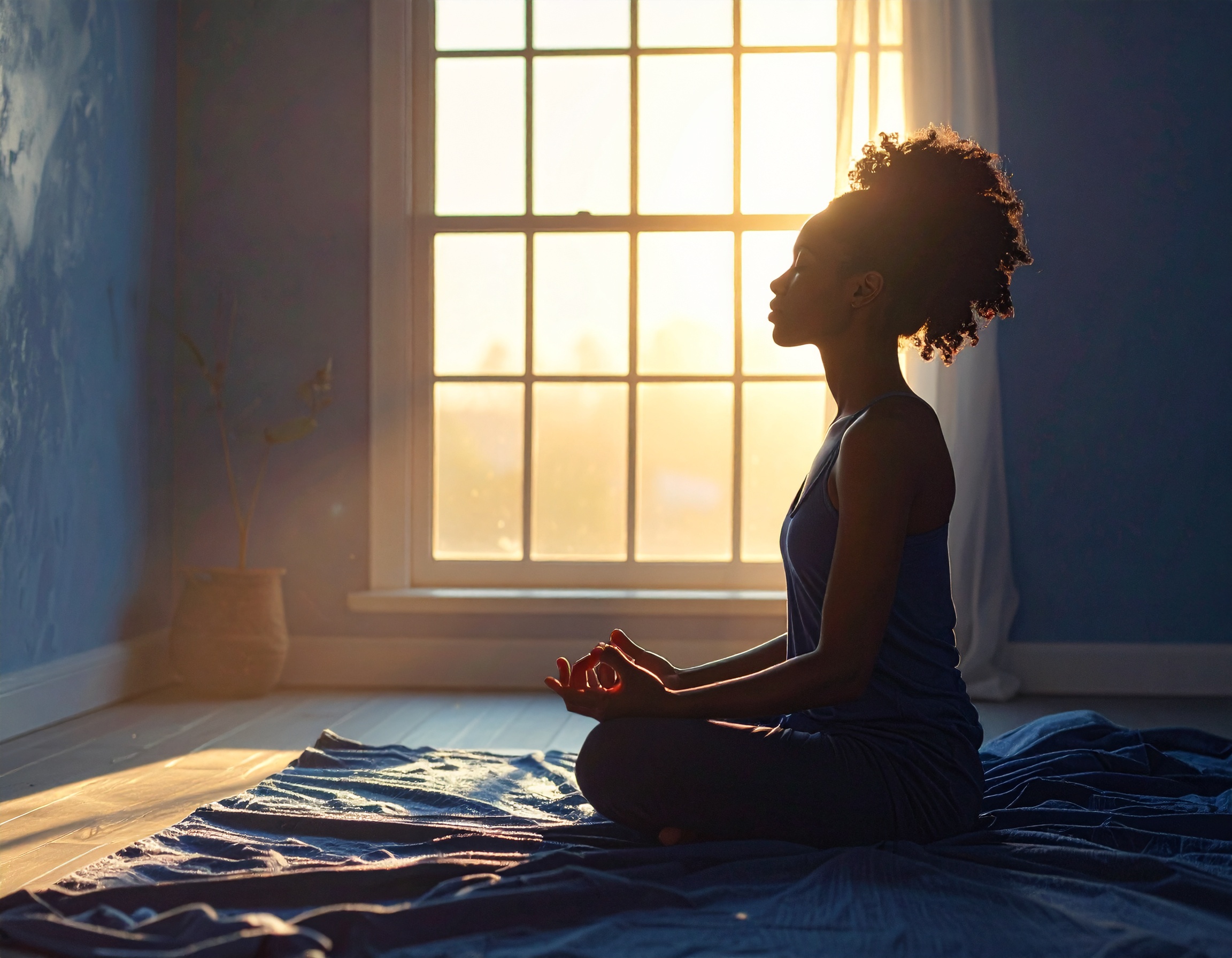 Woman practicing quiet stillness and yoga at sunset