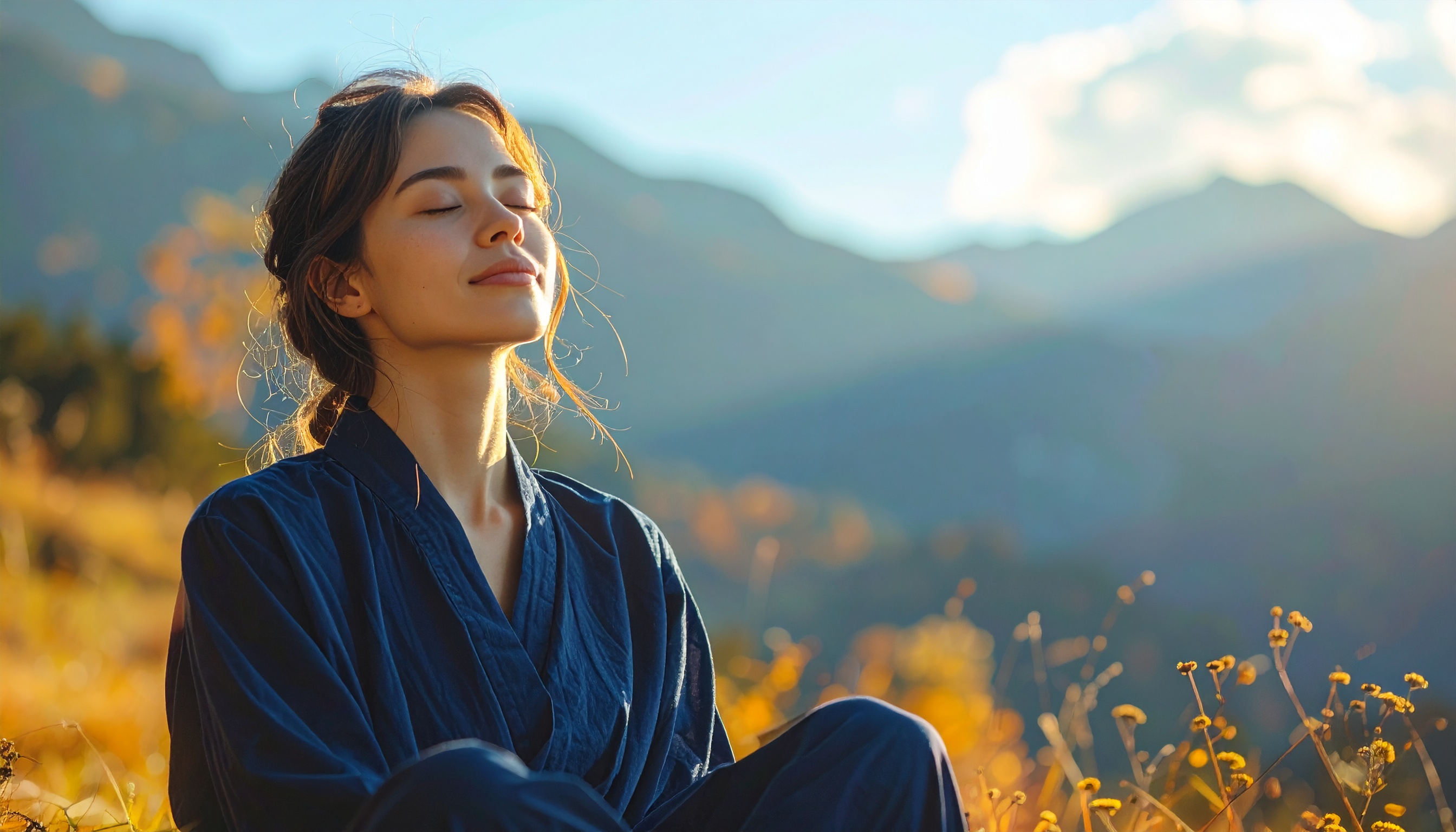 Woman meditating peacefully at sunrise, representing rest and spiritual renewal
