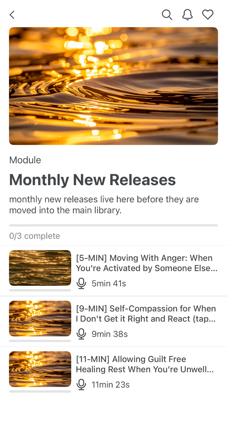 TRR audio library showing specific practice titles