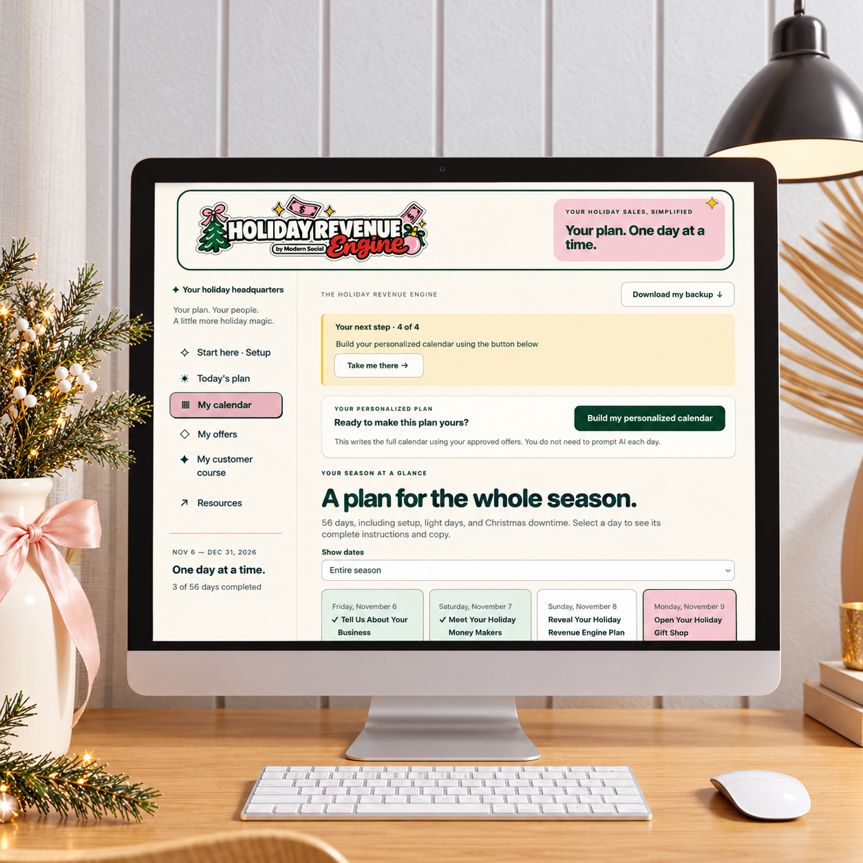 Holiday Revenue Engine calendar dashboard shown on a desktop computer