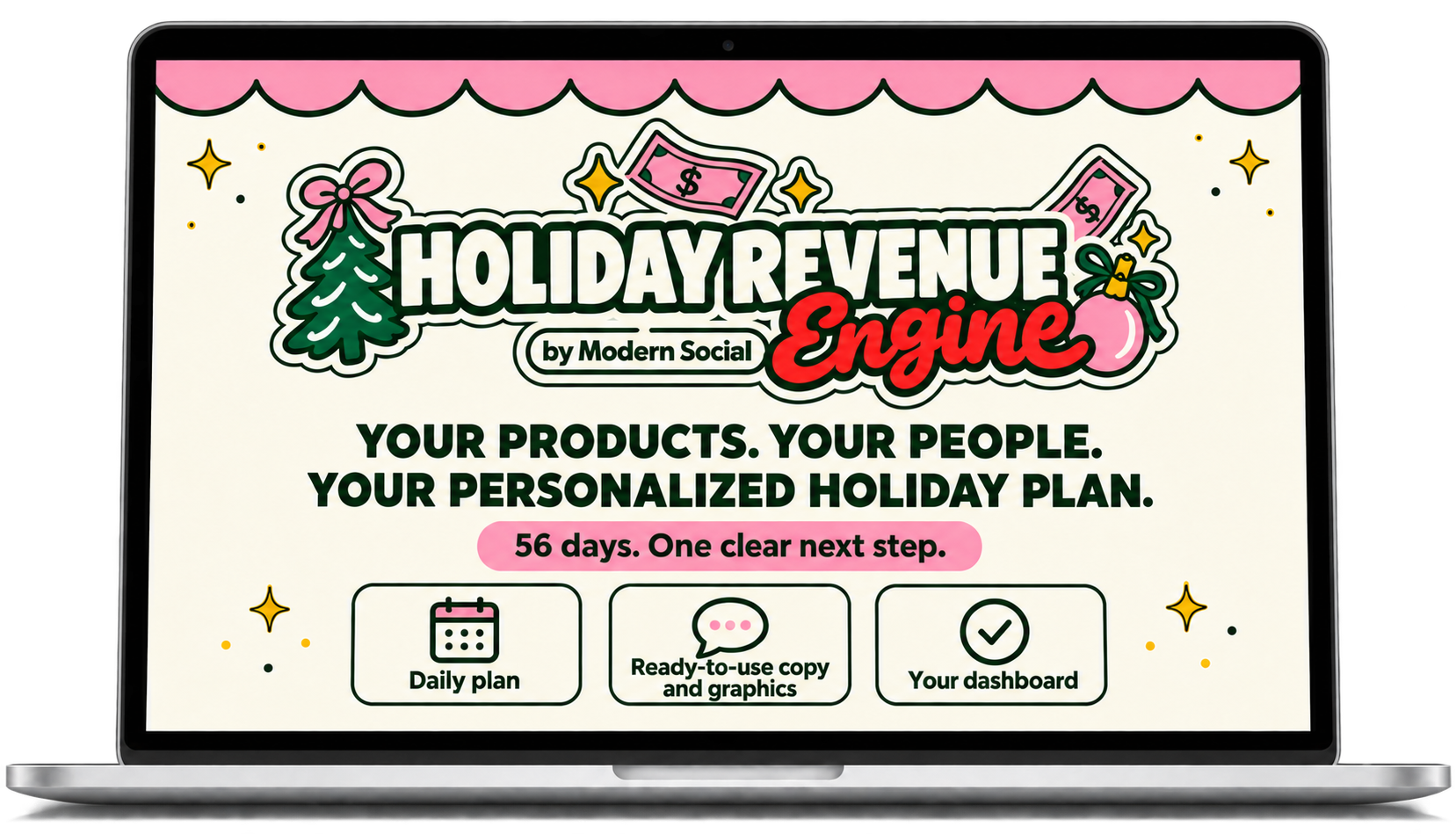 Holiday Revenue Engine — daily plan, ready-to-use copy and graphics, and your dashboard