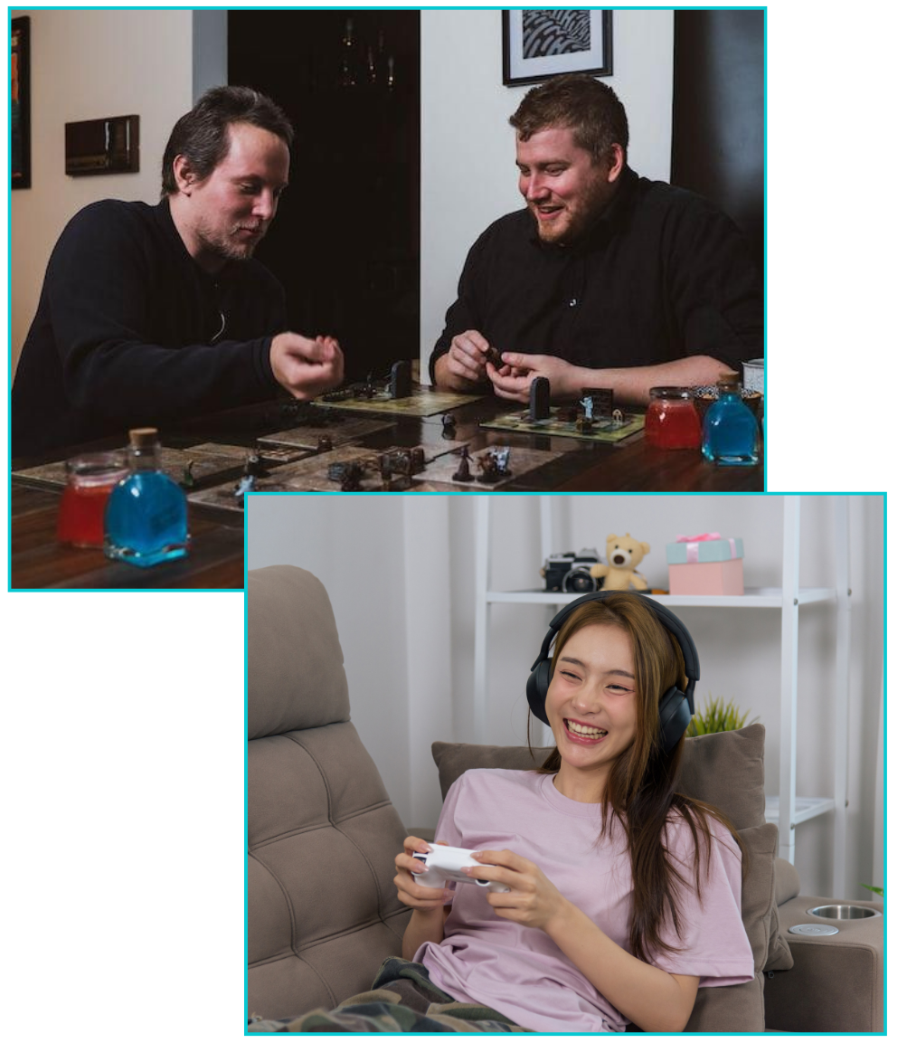 Two people playing a fantasy board game. A woman on a couch holding a video game controller.