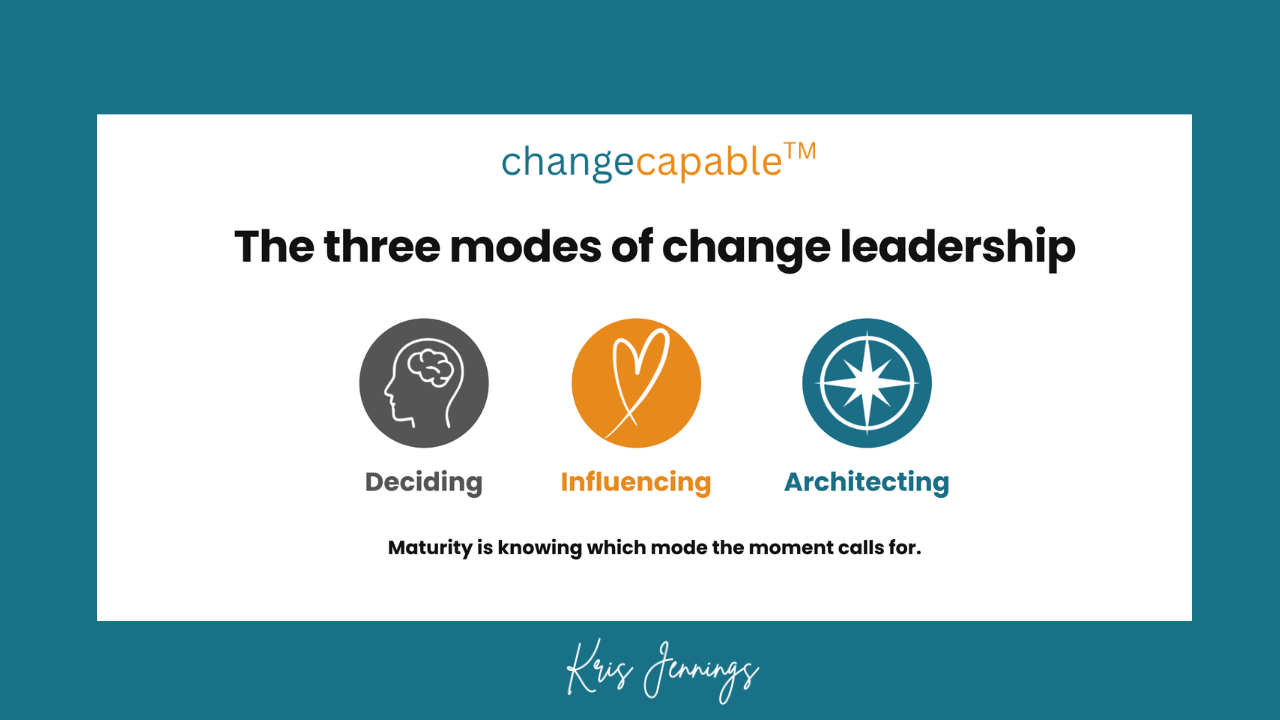 Three modes of change leadership: Deciding, Influencing, Architecting.