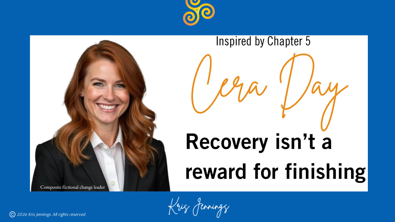 Photo of composite fictional change leader Cera Day and text Recovery isn't a reward for finishing