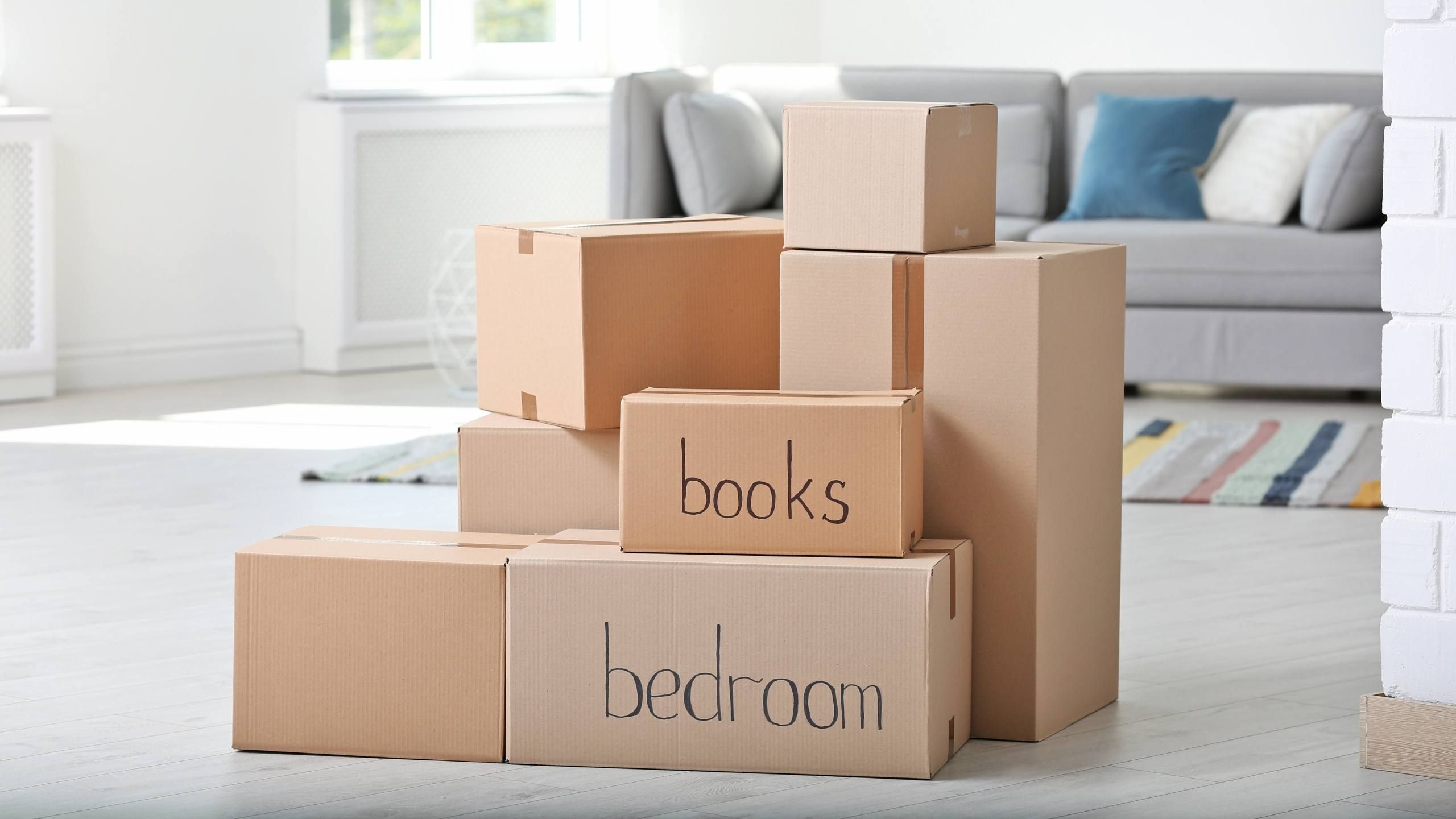 Stock photo of packing household items into moving boxes