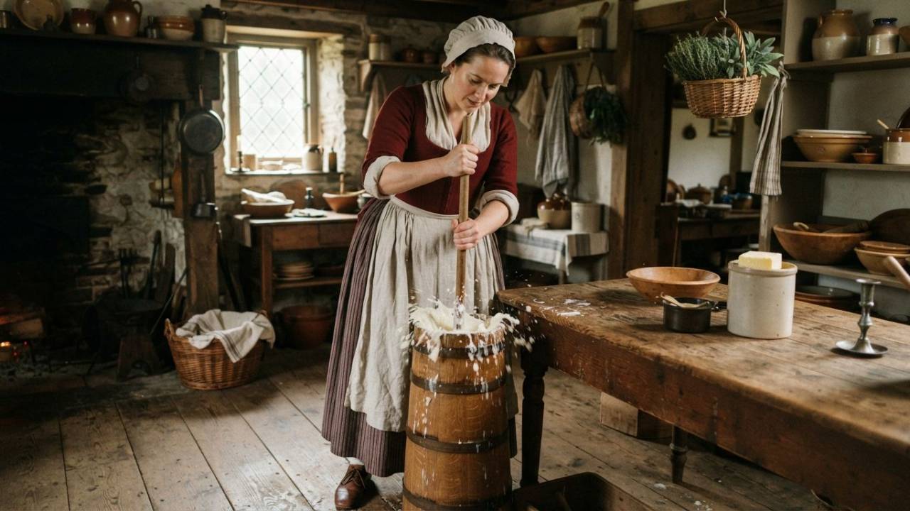 A woman churning butter in a kitchen dressed in 1700's peasant attire