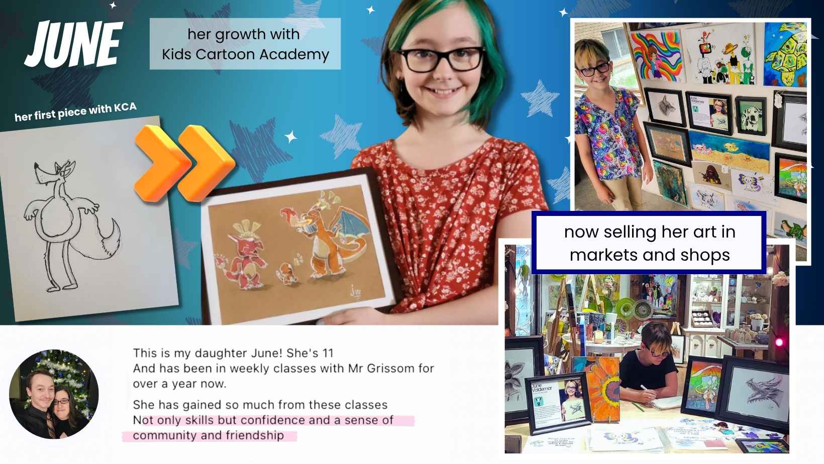 June's drawing progress at Kids Cartoon Academy