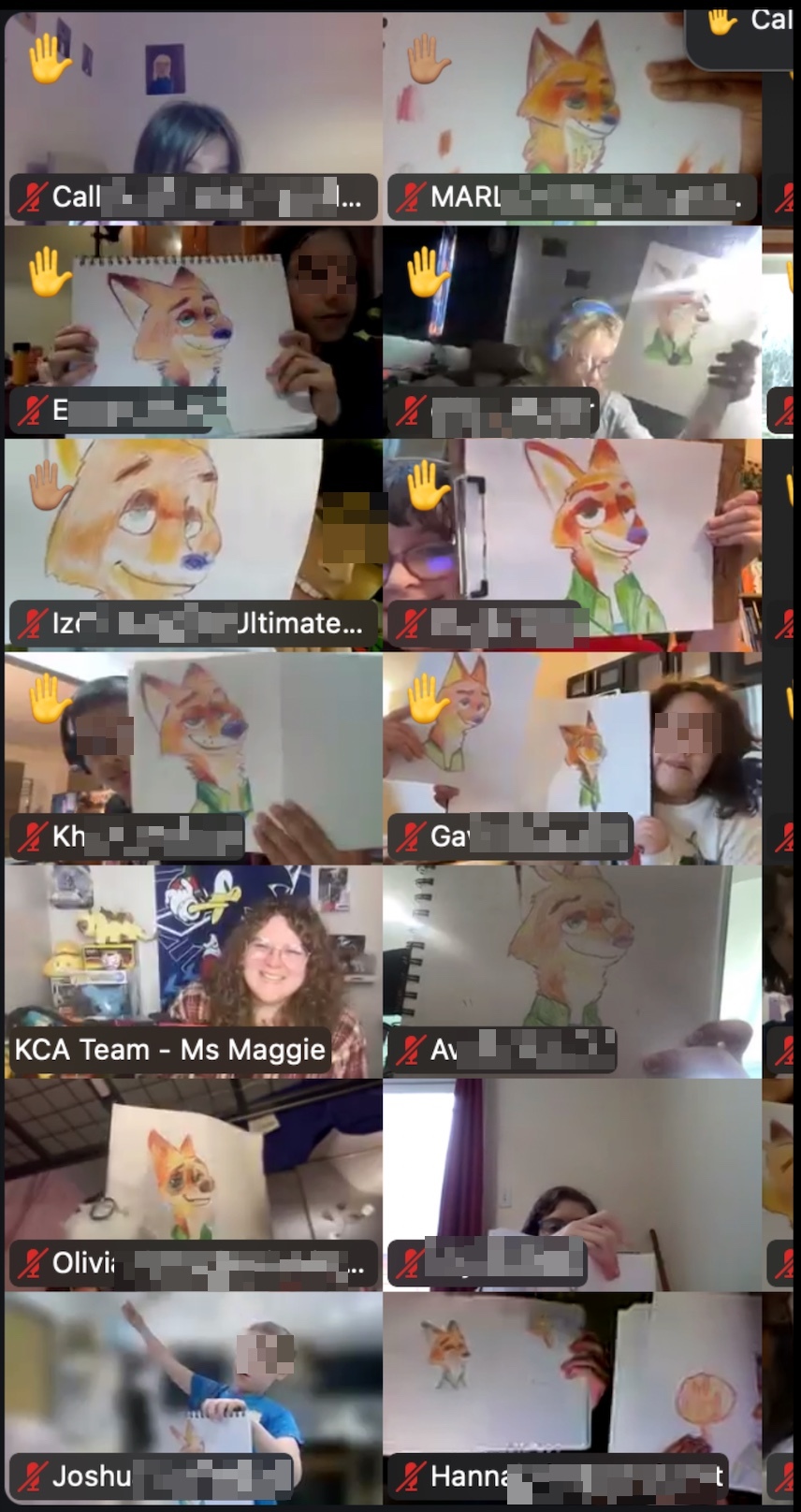 Students and Ms. Maggie on Zoom with colored pencil drawings from her last workshop