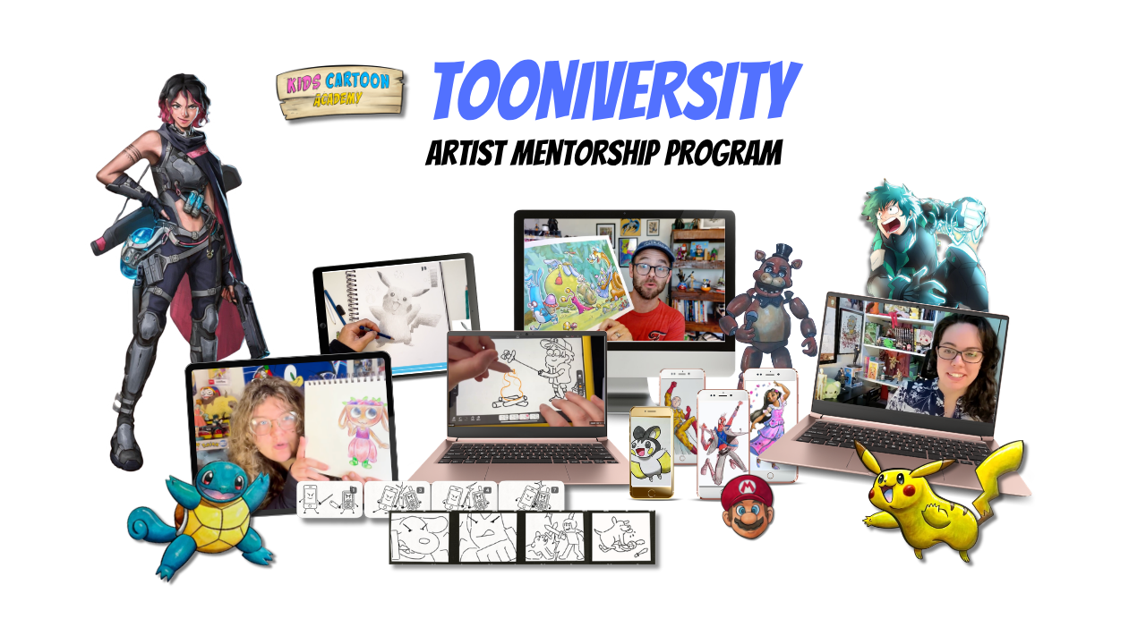 Tooniversity by Kids Cartoon Academy featuring live online art classes for kids, including cartoon drawing, anime & manga, animation, digital art, illustration and character design, and step-by-step lessons taught by professional artists.