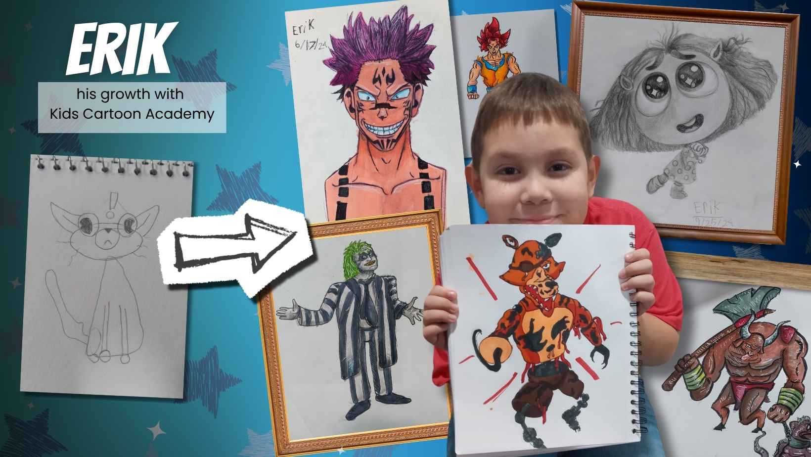 Erik's drawing progress at Kids Cartoon Academy
