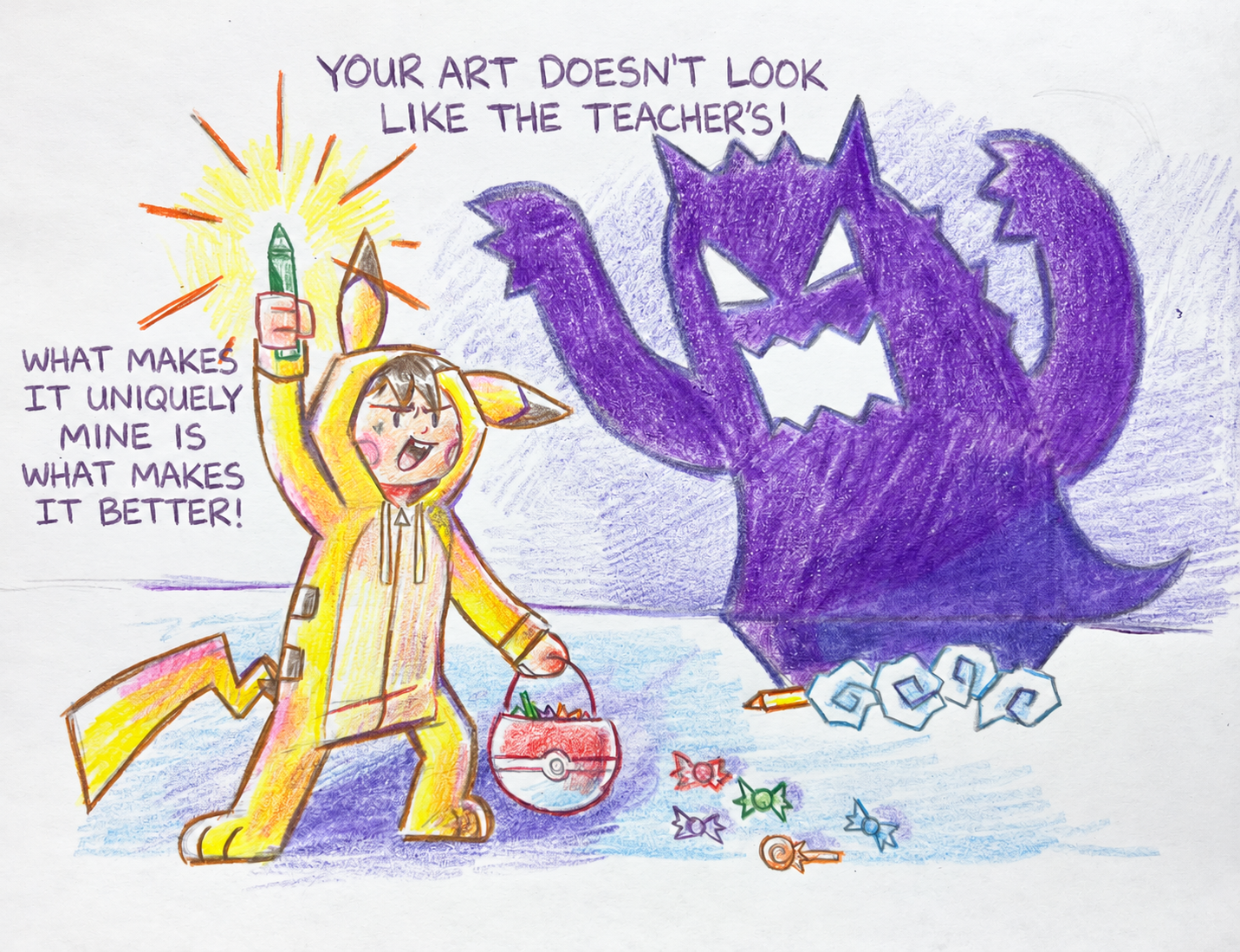 Ms. Maggie's finished example of the spooky trick-or-treat scene we'll draw together