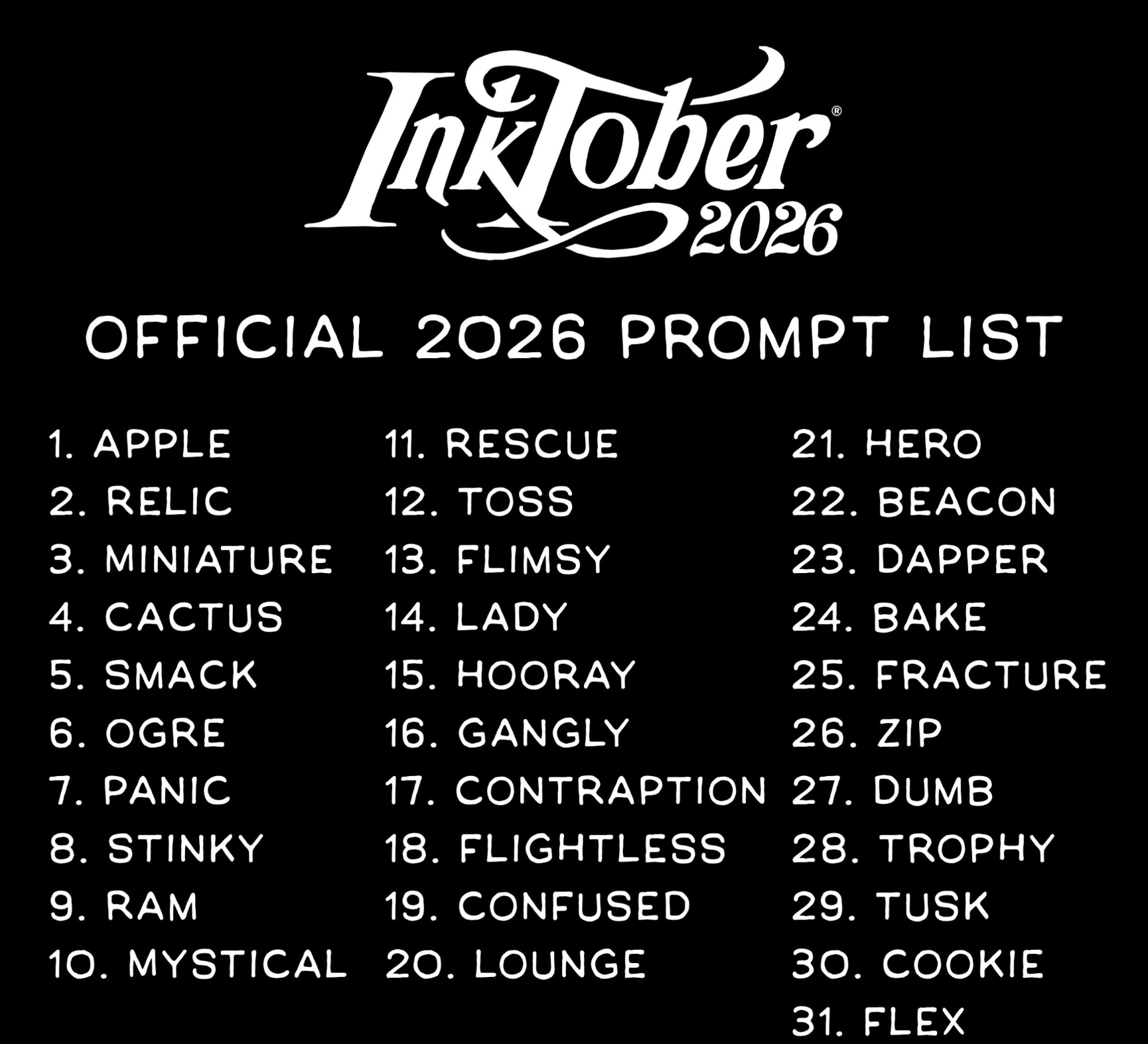 Official Inktober 2026 prompt list, 31 daily prompts from Apple to Flex