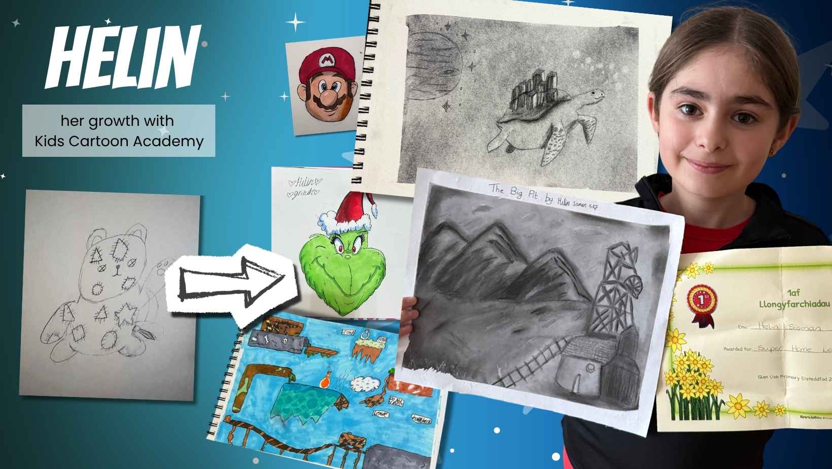 Helin's drawing progress at Kids Cartoon Academy