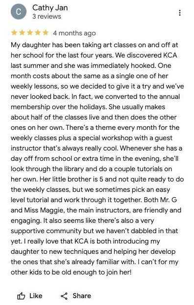 Google review from a KCA parent