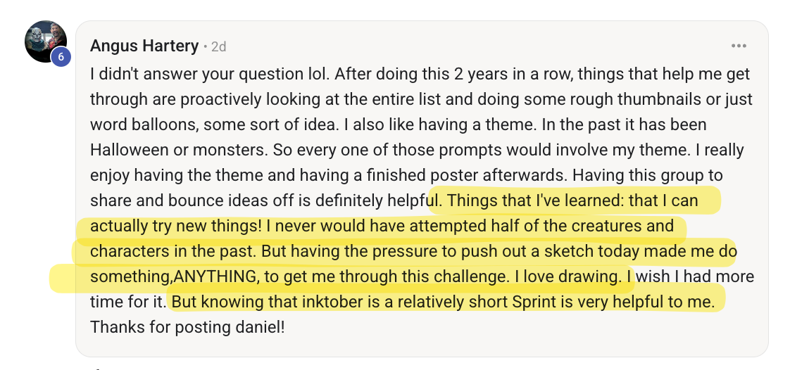 Angus Hartery in the Creative Drawing Club for Grownups: after two years of Inktober he learned he can actually try new things, and knowing it is a short sprint helps