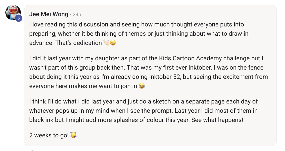 Jee Mei Wong in the Creative Drawing Club for Grownups: she did her first Inktober with her daughter as part of the Kids Cartoon Academy challenge