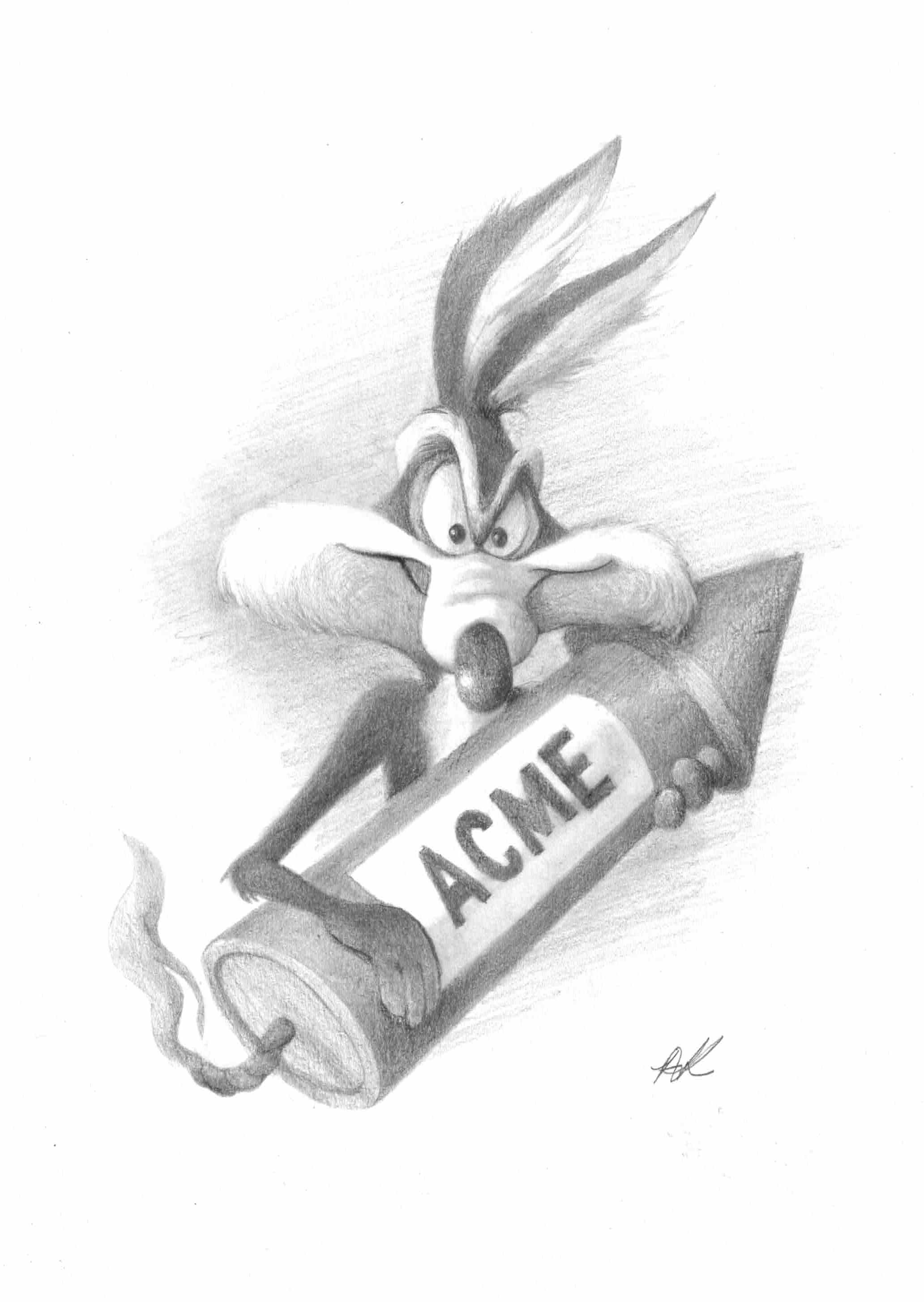 Finished graphite drawing of Wile E. Coyote holding an ACME rocket, shaded from light to dark