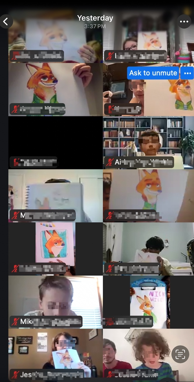 Students holding up their colored pencil drawings on Zoom during Ms. Maggie's last workshop