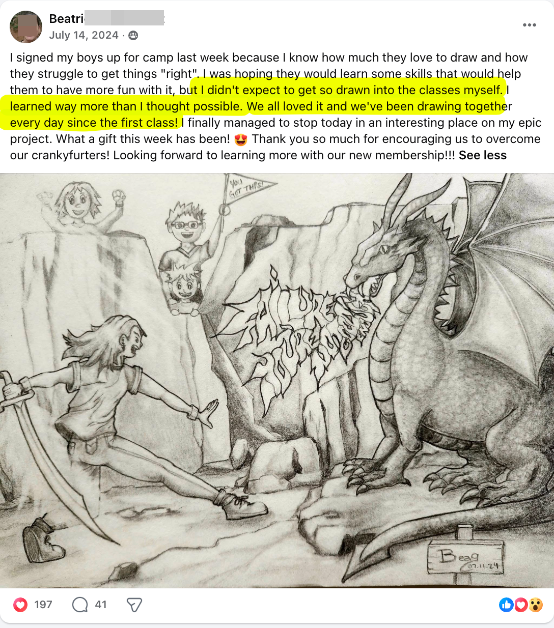 Parent's own epic project drawing shared after camp