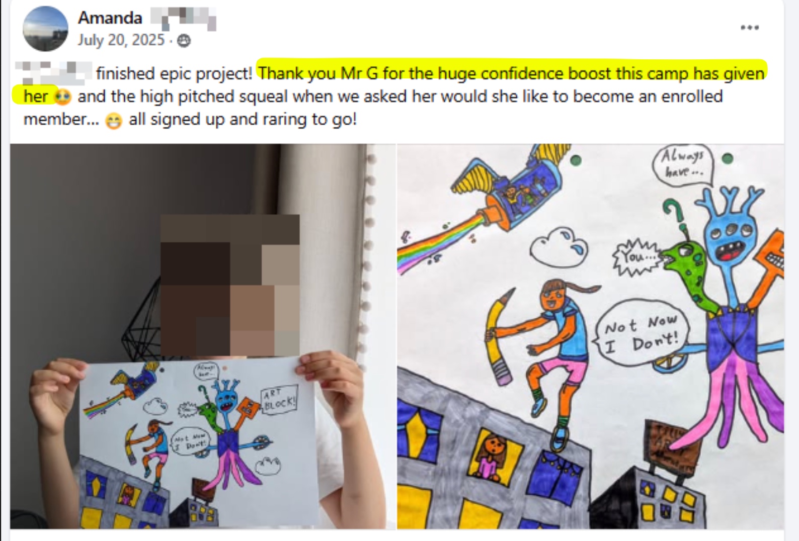 Parent post about the confidence boost camp gave her daughter, with her epic comic project