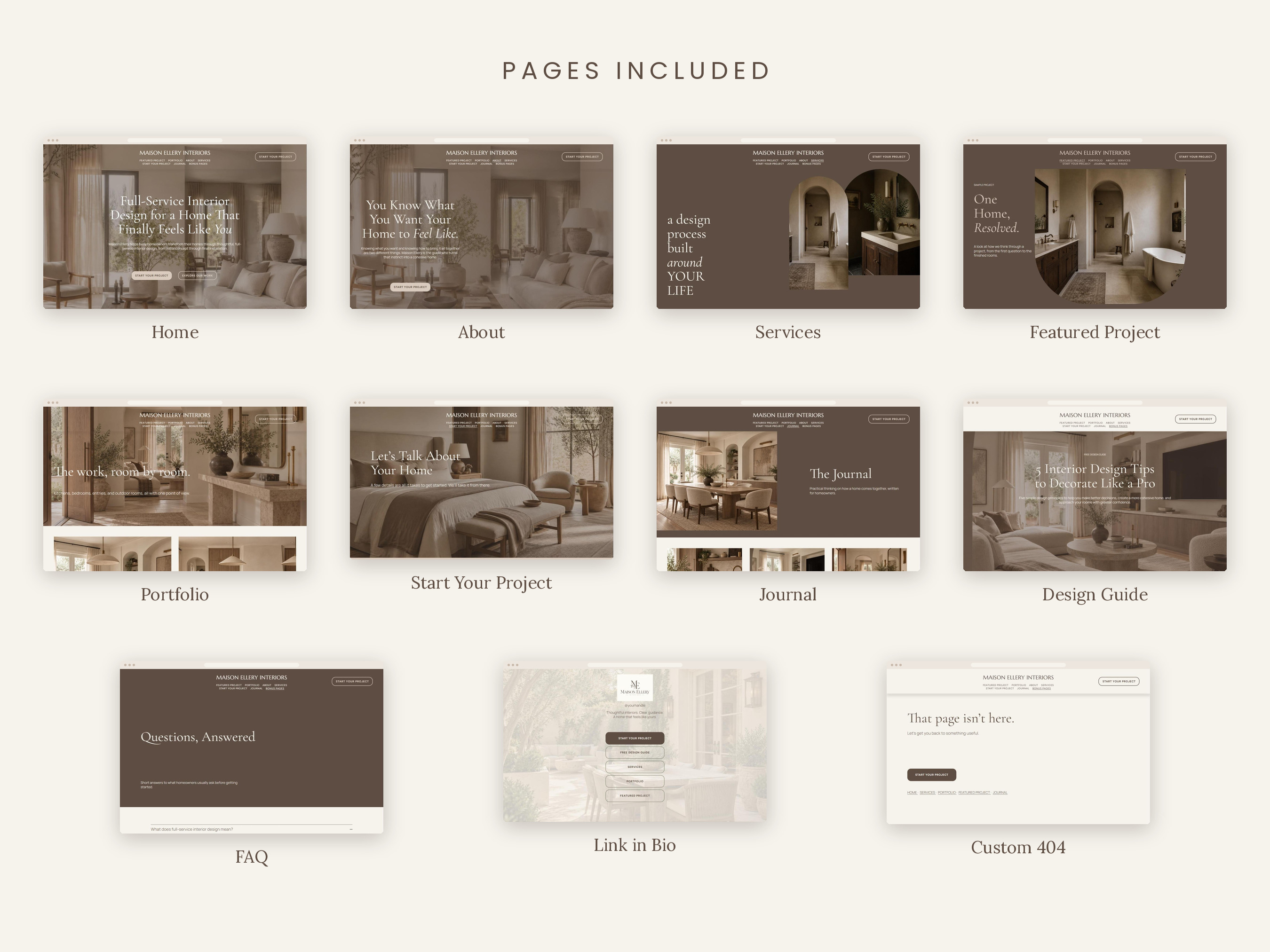 Overview of the pages included with the Maison Ellery Squarespace template