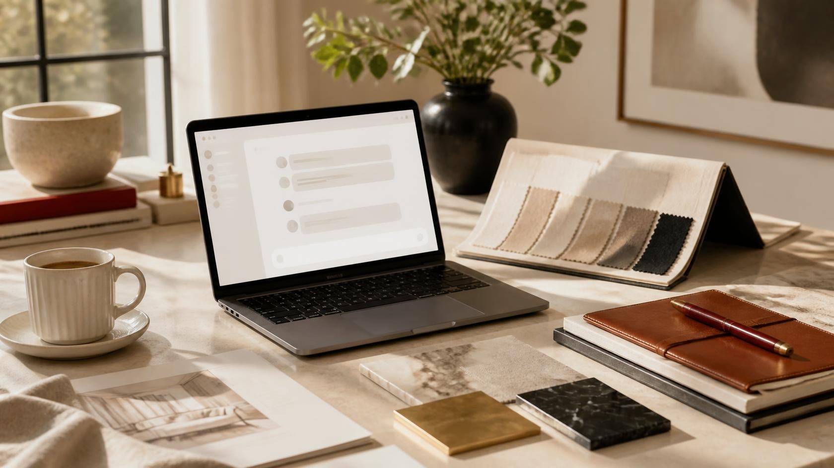 Interior designer's desk with laptop, fabric swatches, and material samples