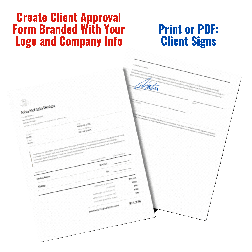 Animated view of the real branded investment approval form with room-by-room client signature lines