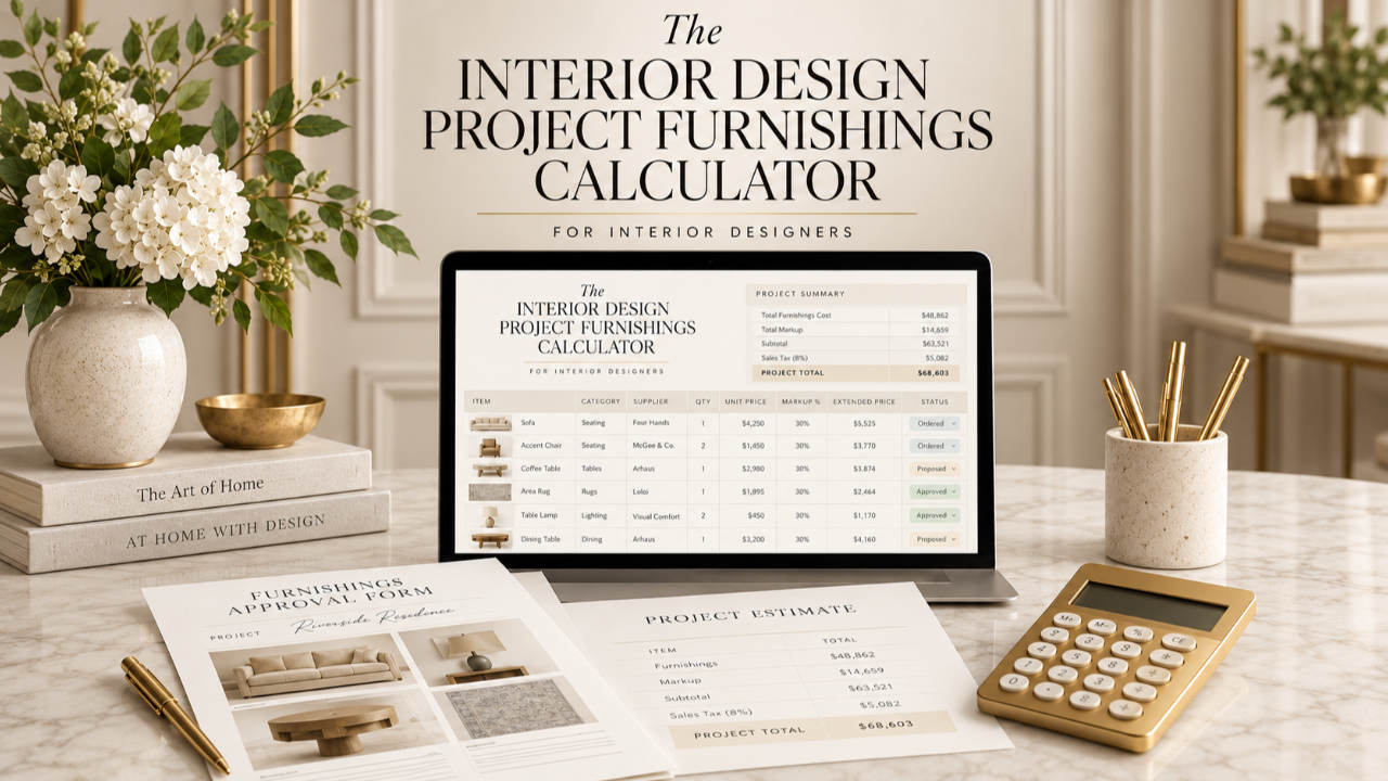 The Project Furnishings Calculator workspace with a project estimate, approval form, and calculator