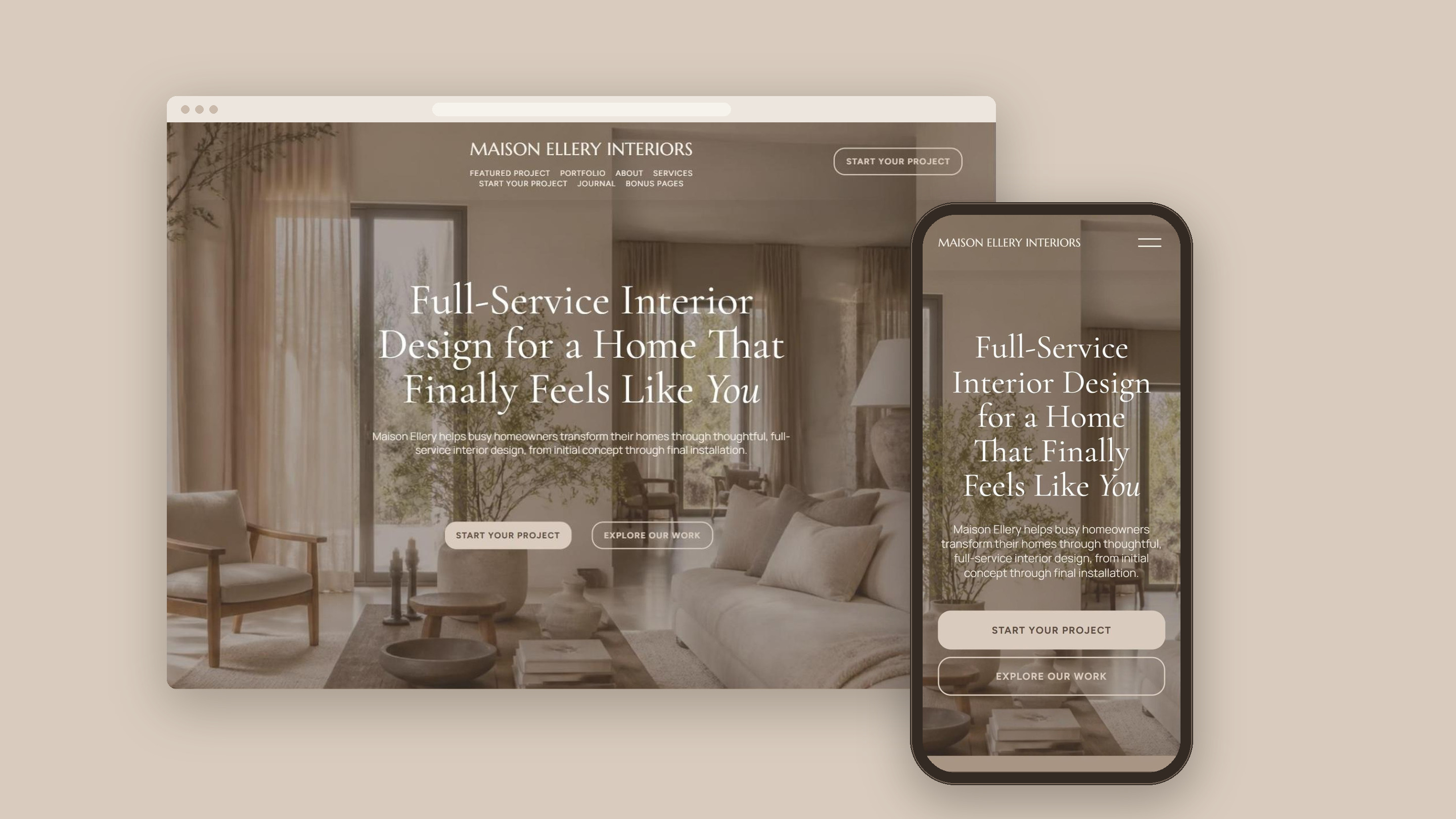 Maison Ellery Squarespace website template shown on desktop and mobile
