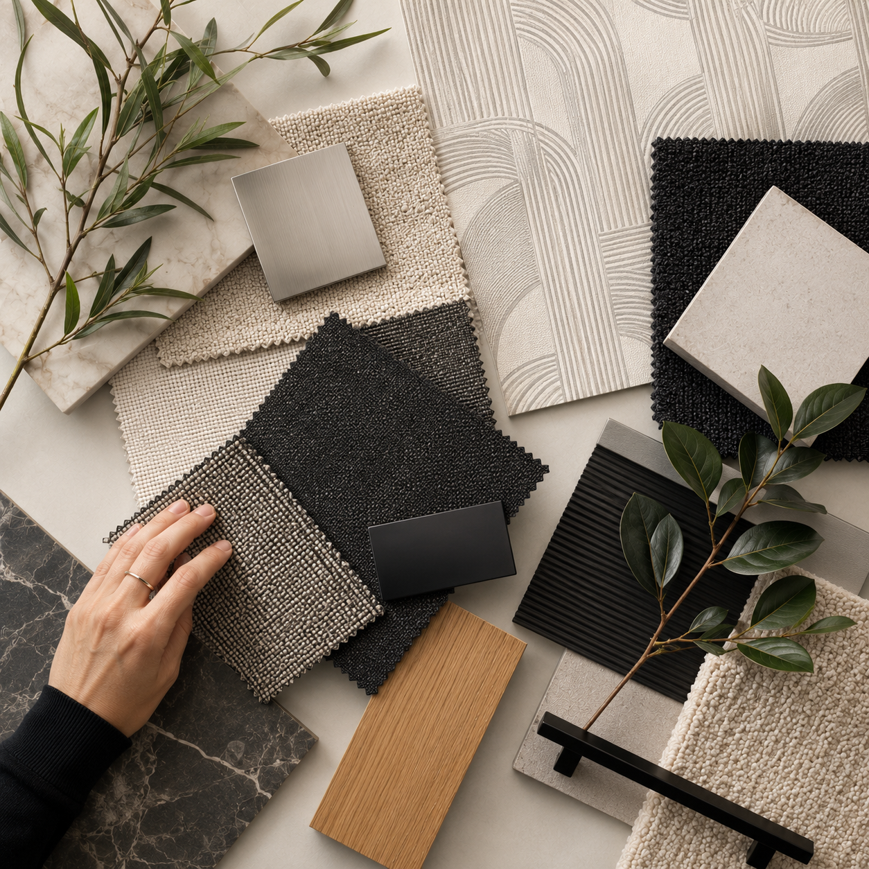 image of designer with fabrics and wood samples