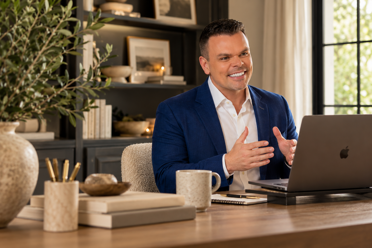 John McClain teaching an online business training from a warm interior workspace