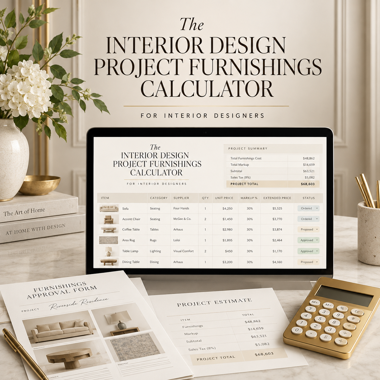 The Project Furnishings Calculator on a laptop with a project estimate and furnishings approval form