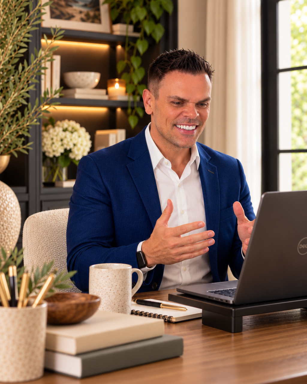 John McClain teaching an online business training from a warm interior workspace