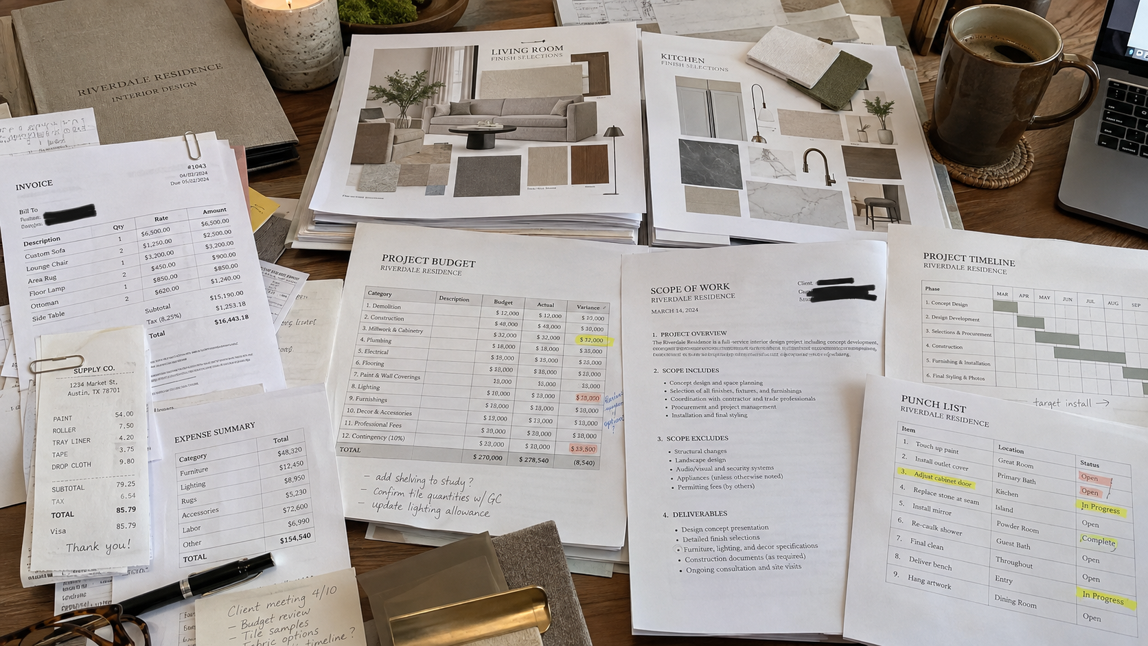 Interior design project files, invoices, receipts, expenses and presentation materials arranged on a desk