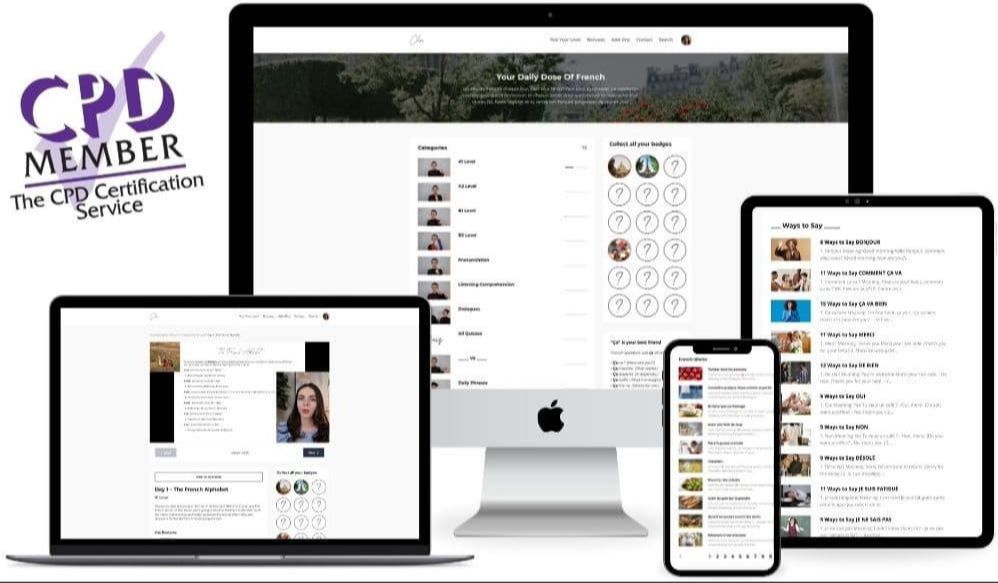 Learn French With Clémence course displayed on laptop, tablet, and phone with CPD Member certification badge
