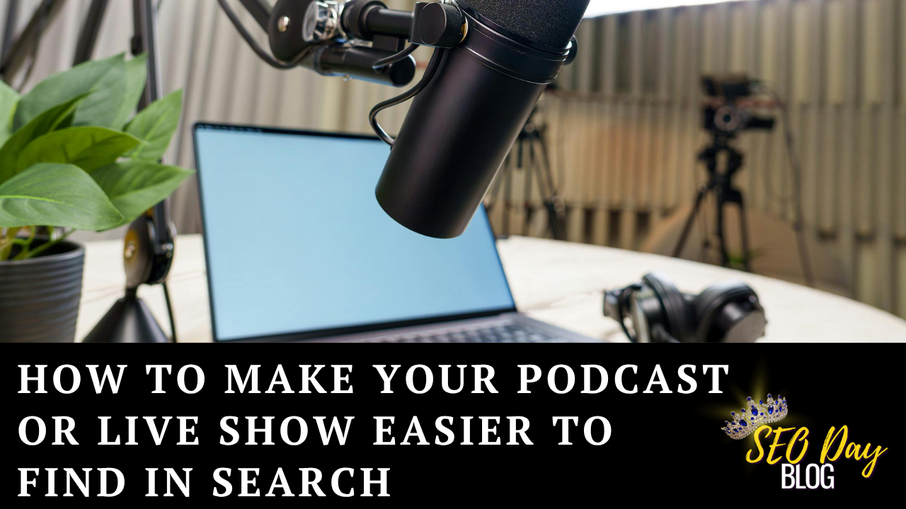 How to make your podcast or show easier to find in search with a laptop and microphone on a table