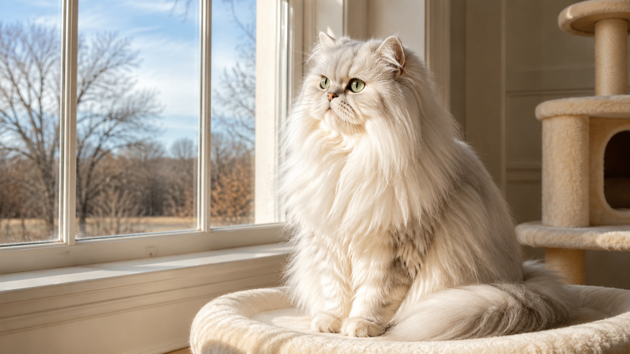 Persian cat sitting beside a sunny window in winter, representing how increasing daylight can trigger seasonal breeding cats to come into season.