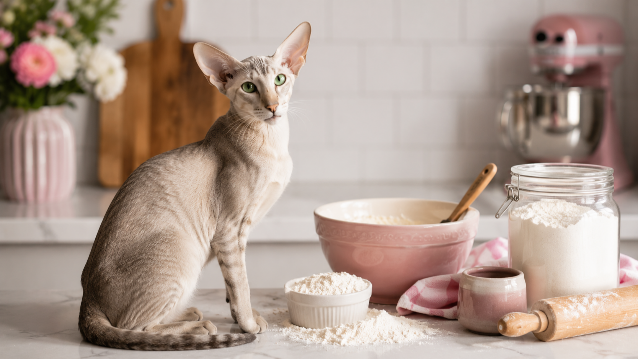 Oriental Shorthair cat sitting on a kitchen benchtop beside a mixing bowl and baking ingredients, representing the thoughtful process of breeding cats like creating a recipe.