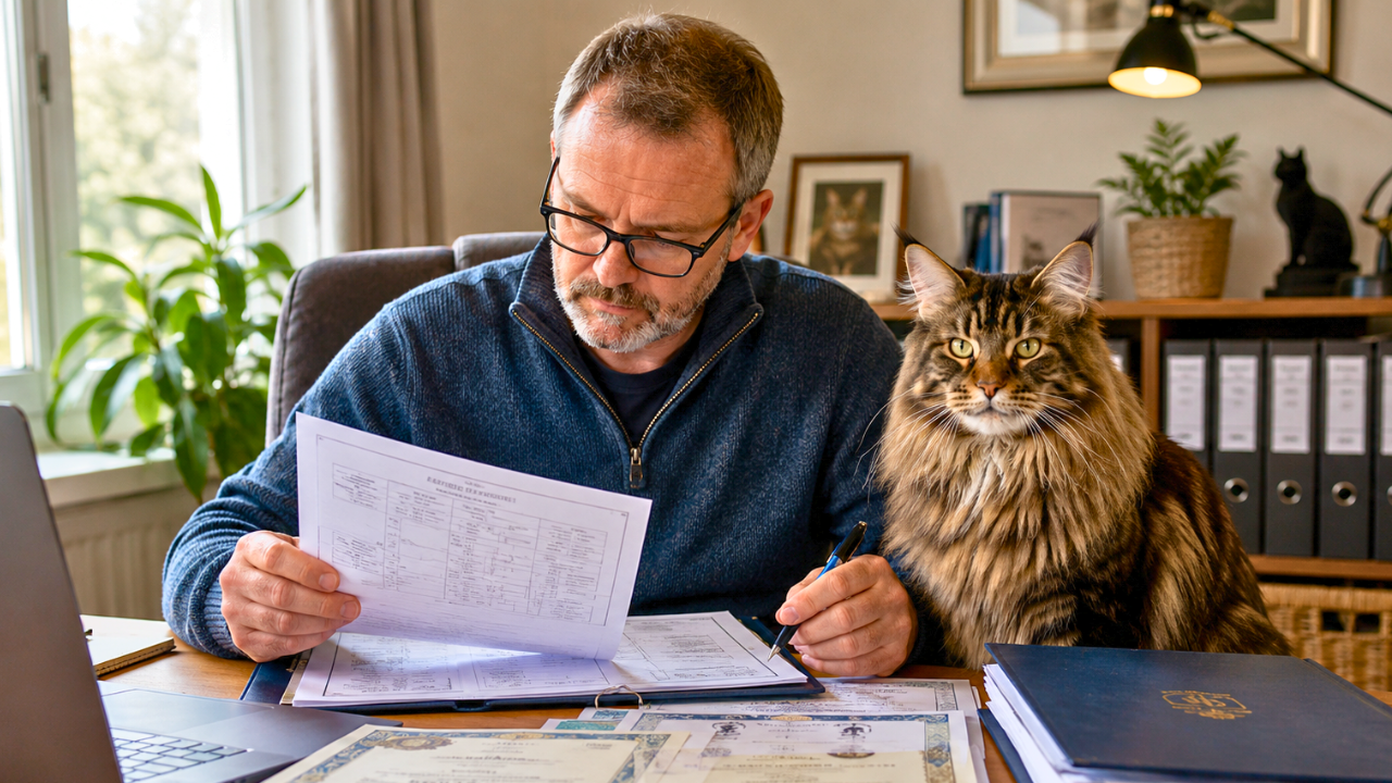 Cat breeder reviewing pedigree registration documents and breeding records beside a Maine Coon cat while planning a responsible breeding program.