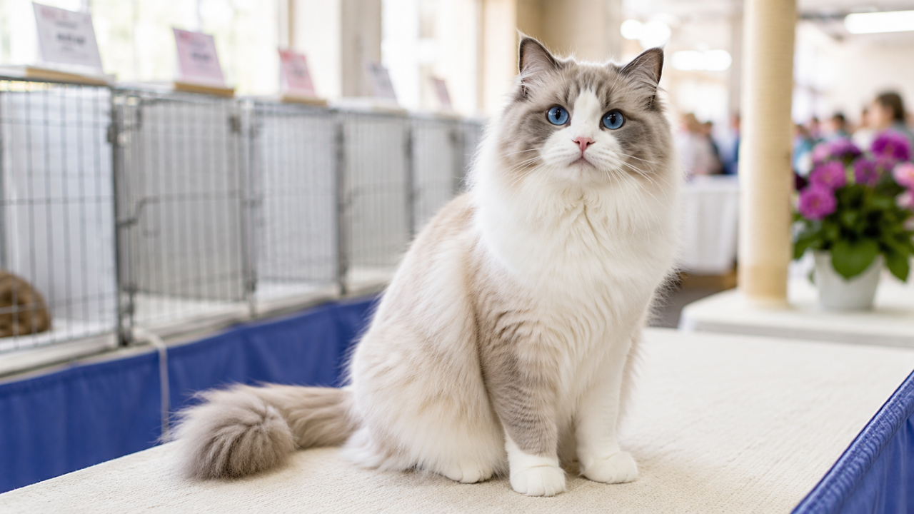 Blue mitted Ragdoll cat at a cat show representing the journey of becoming a pedigree cat breeder.